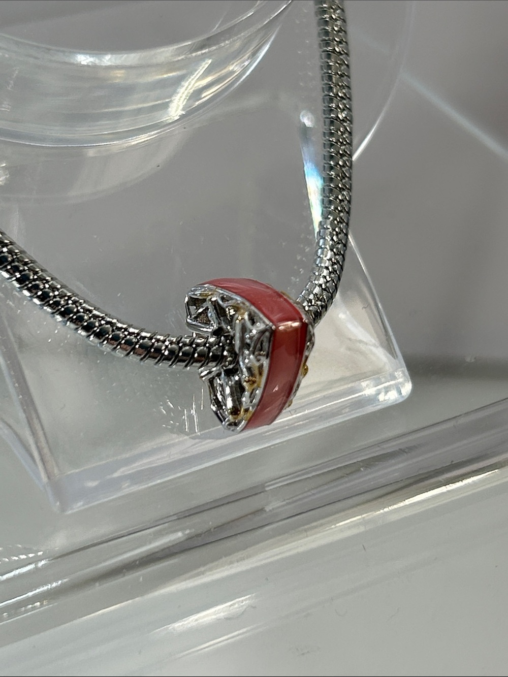 NWOT Gems En Vogue Palladium 18k Accent Pink Enamel Triangle Euro Style Charm